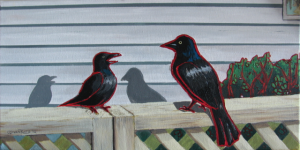 Painting of two grackles on a fence