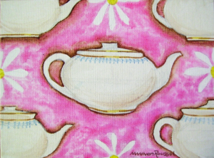 White teapot on a pink background with daisies